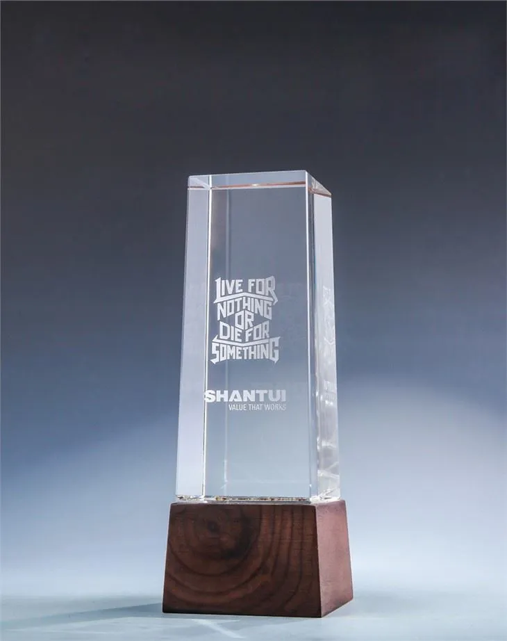 Rectangle block crystal award with wood base.JPG