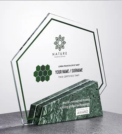 Polygonal crystal award with green stone on sides-1